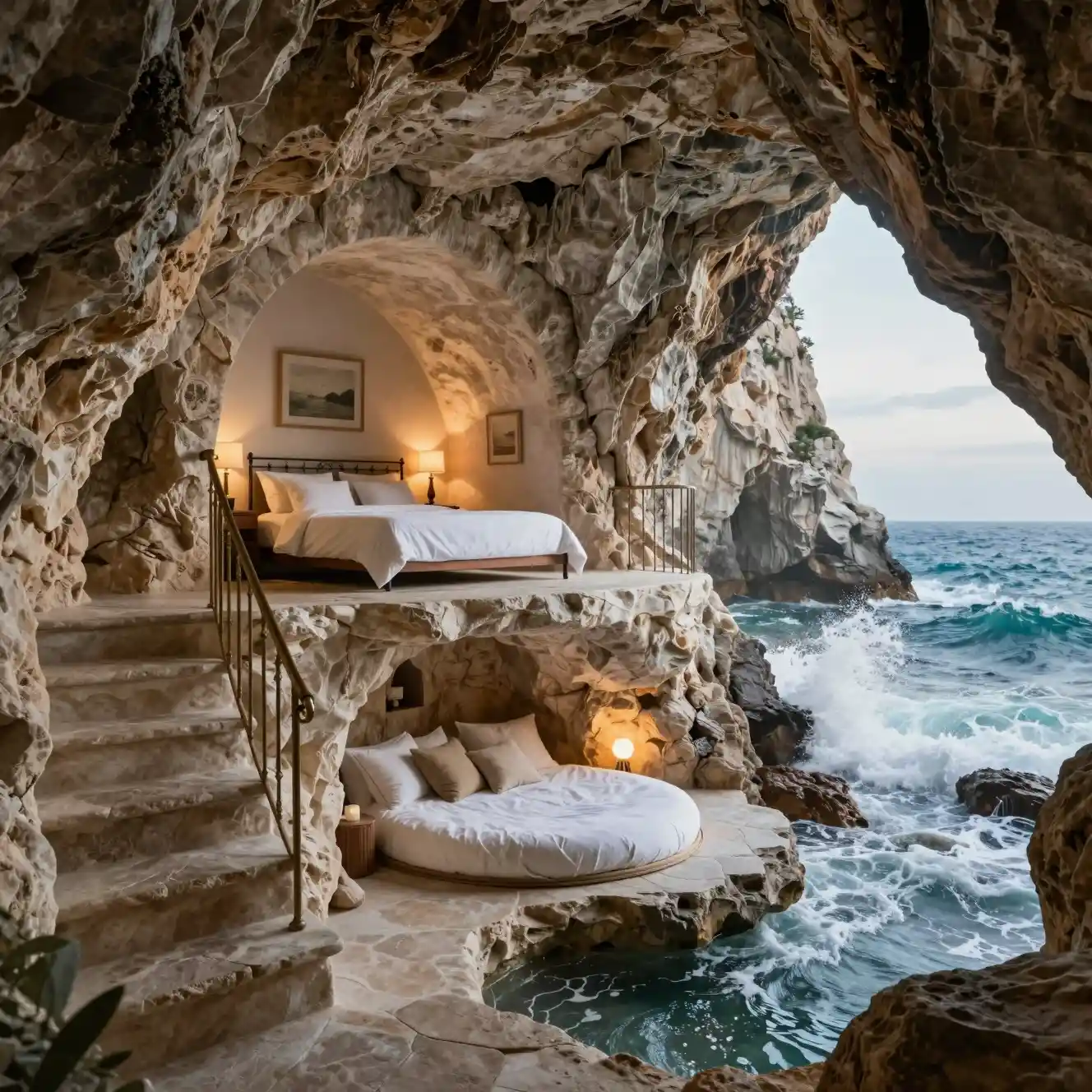 Luxurious cliffside cave bedroom opening onto the ocean