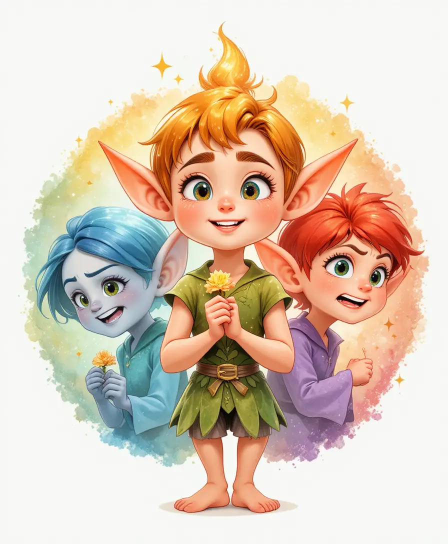 Disney style cartoon elf showing four expressive emotions