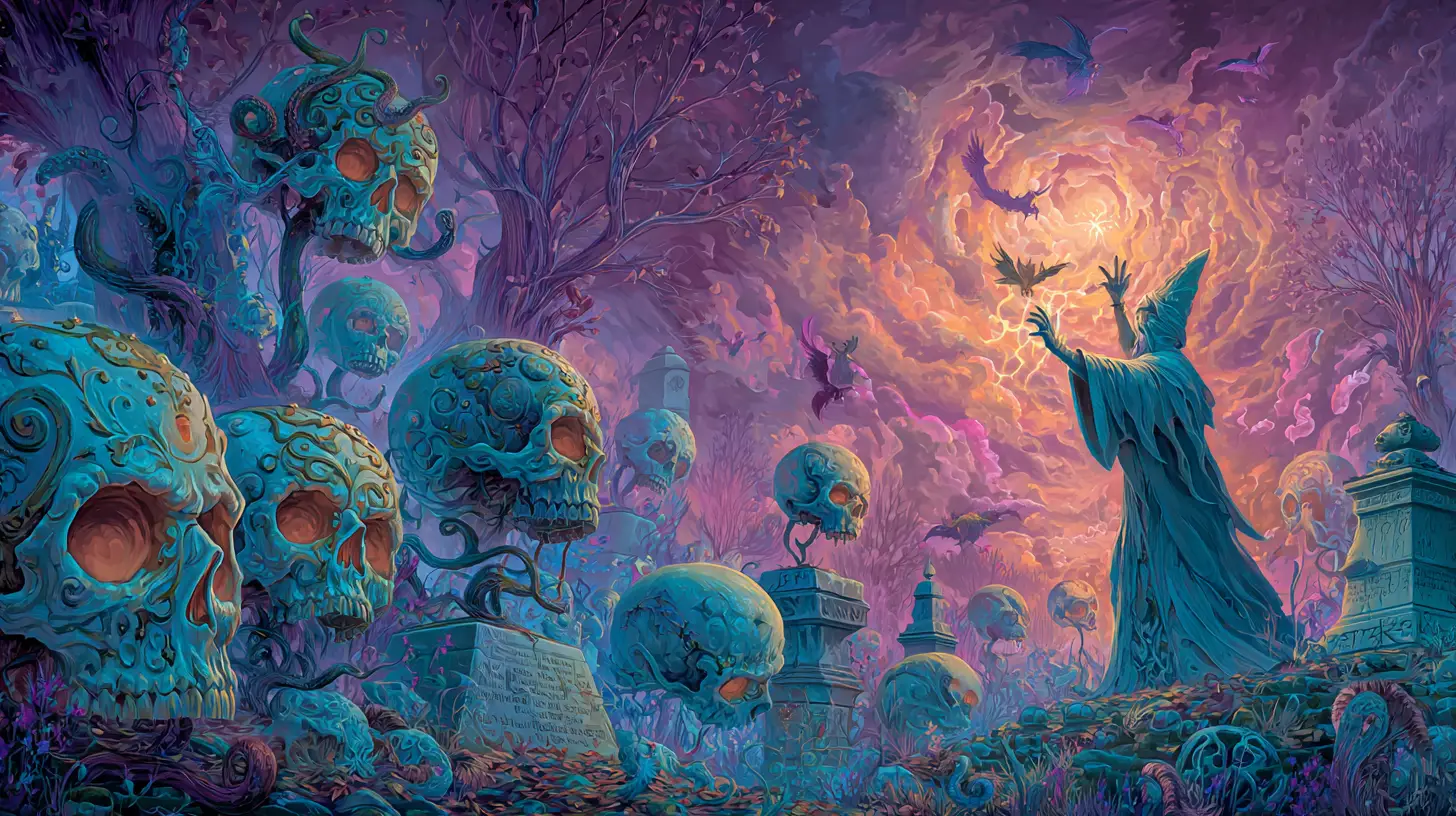Baroque wizard conjuring magic in a moonlit cemetery