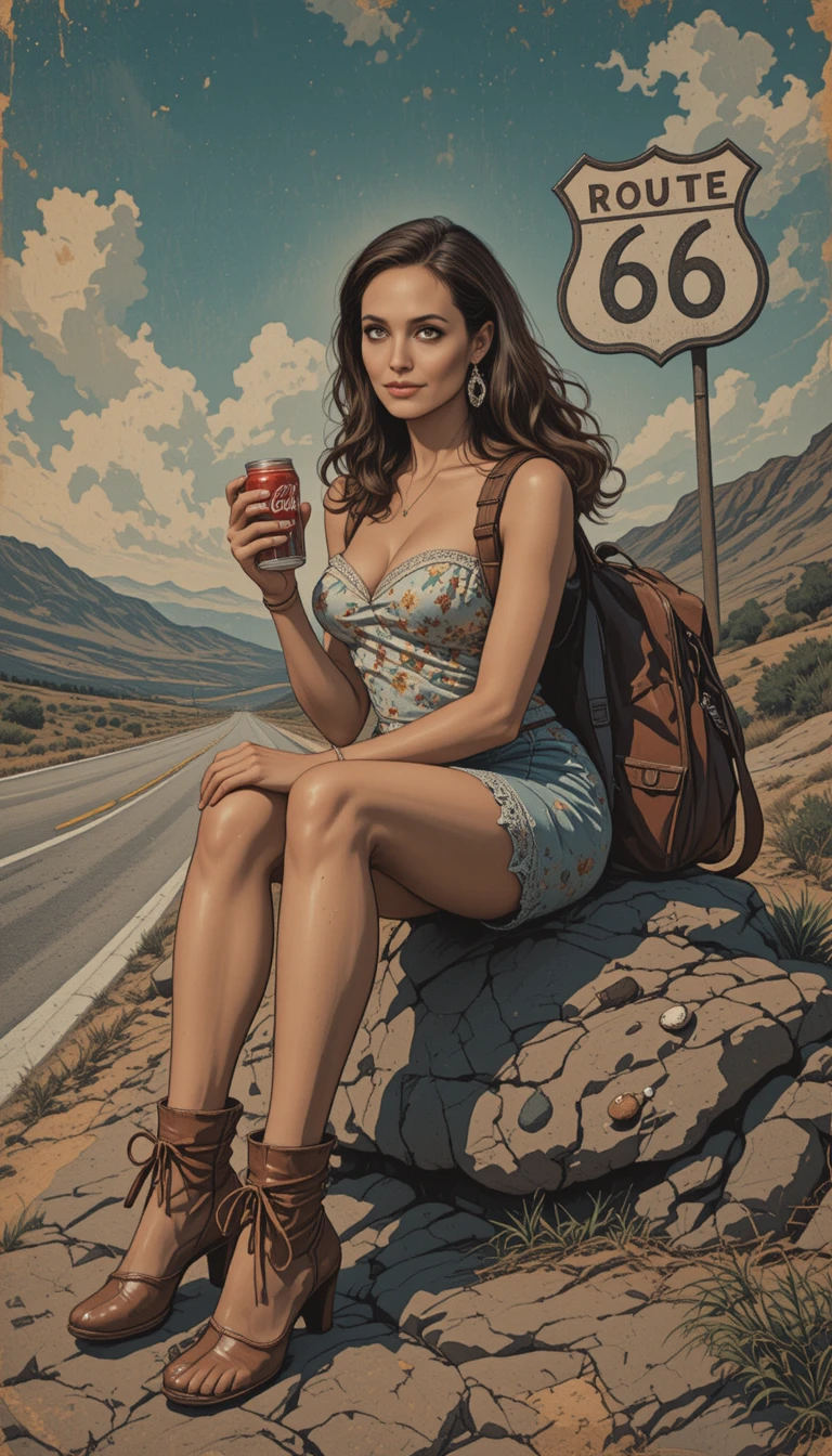 Giovane ragazza che fa l'autostop sulla Route 66 con lattina di soda retrò