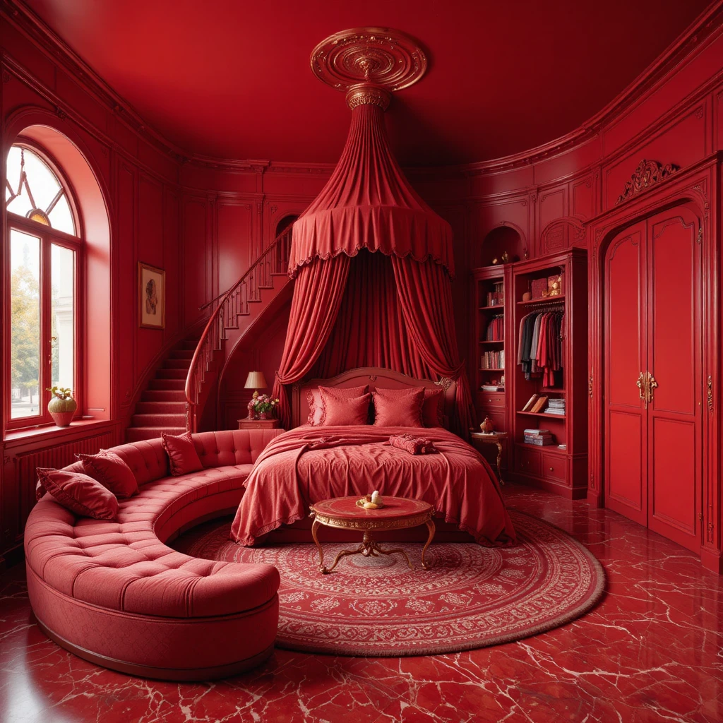 Lujoso dormitorio rojo con cama circular con dosel y tobogán