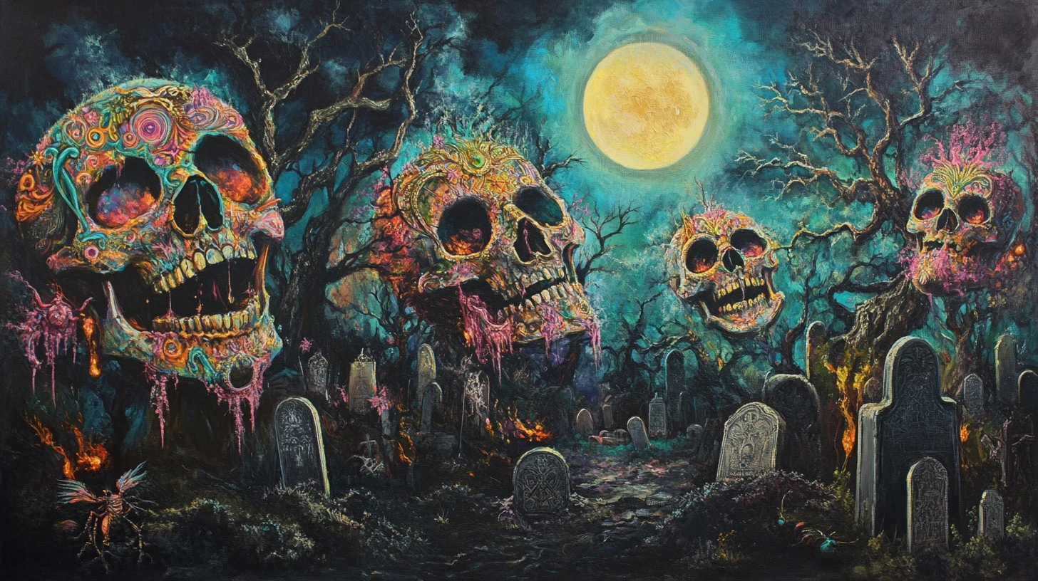 Mago che evoca teschi incantati in un cimitero al chiaro di luna