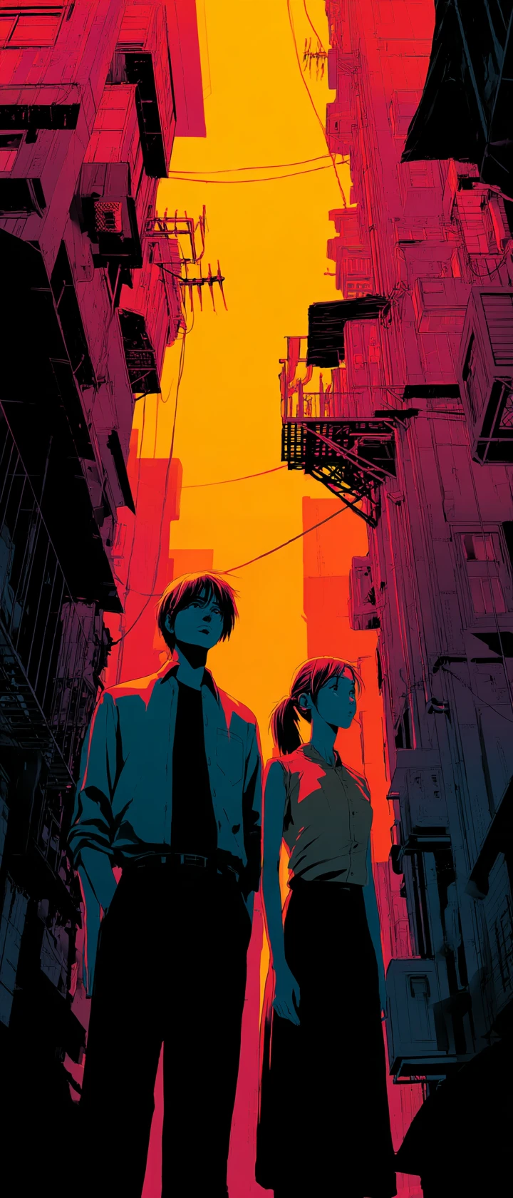 Couple Debout dans un Paysage Urbain Vectoriel Neo Noir Stylisé