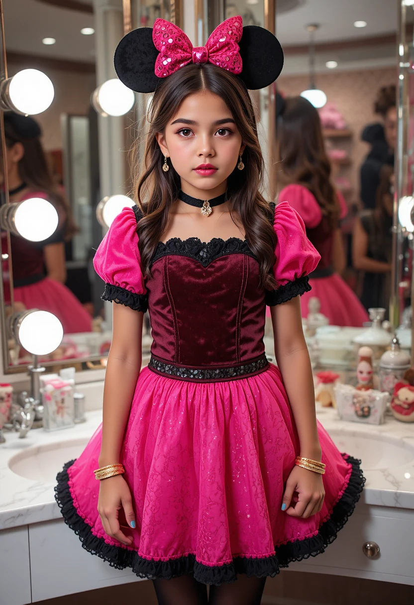 Niño preadolescente con vestido rosa de Minnie en tocador de boutique