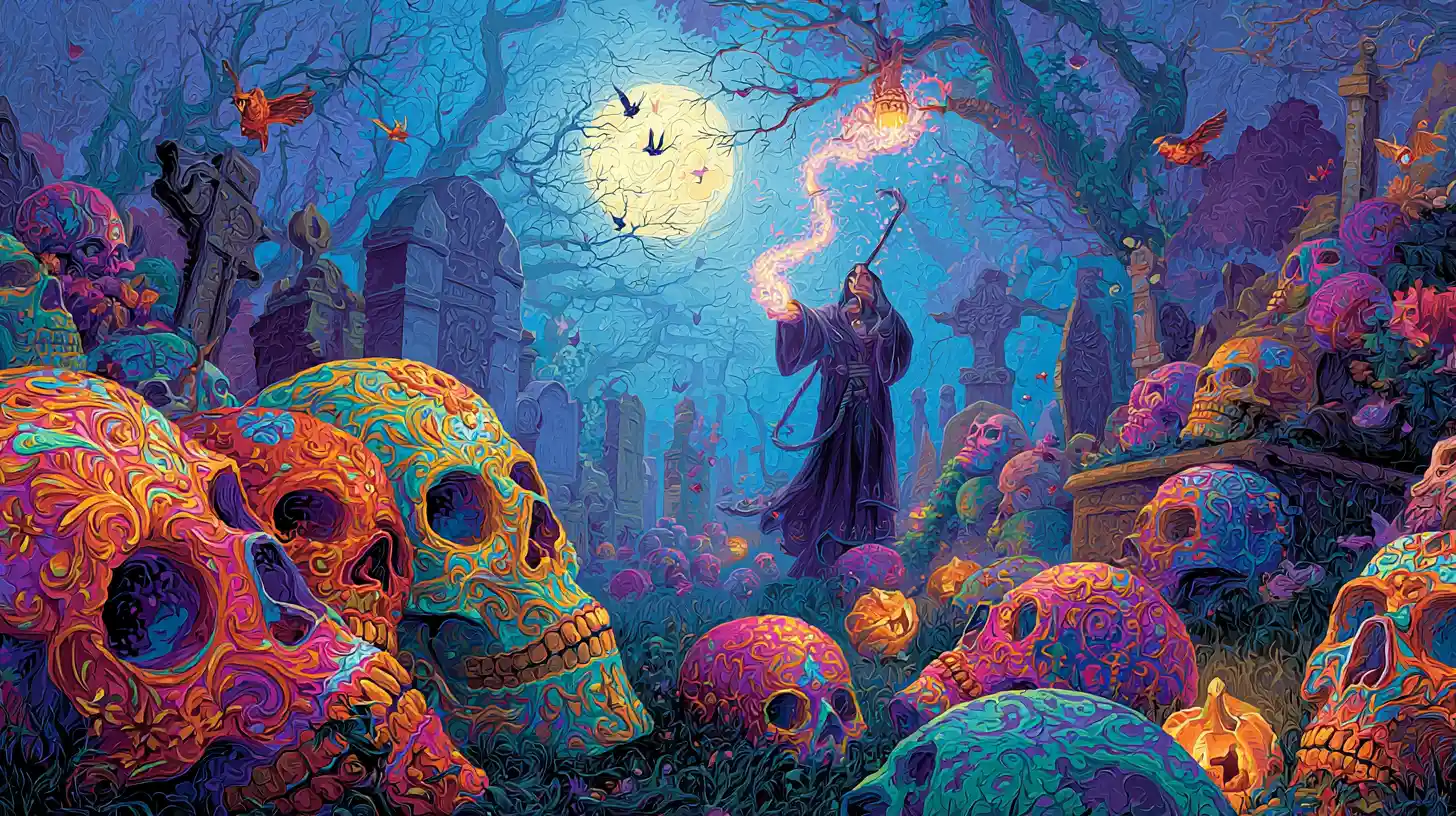 Baroque wizard awakening skulls in a moonlit cemetery