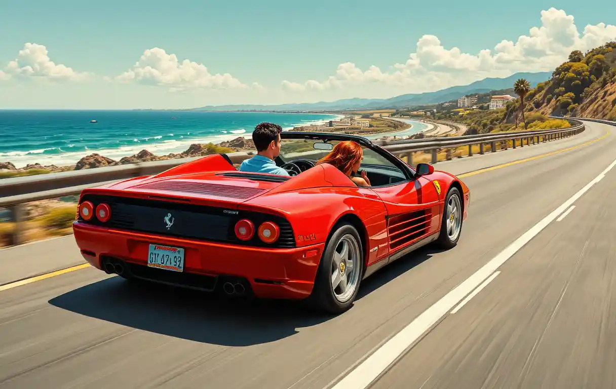 Red sports car driving a seaside highway with two passengers