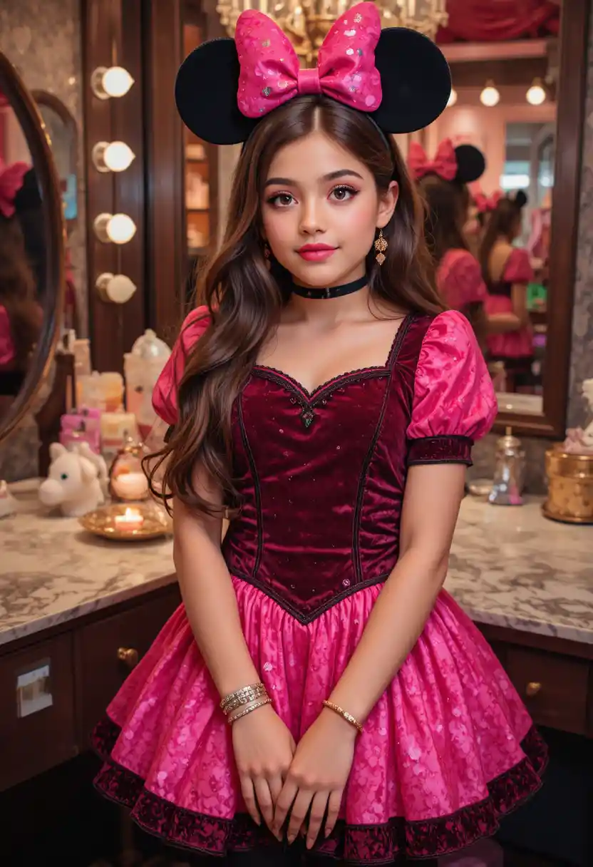 Apprehensive tween boy styled in pink Minnie inspired dress