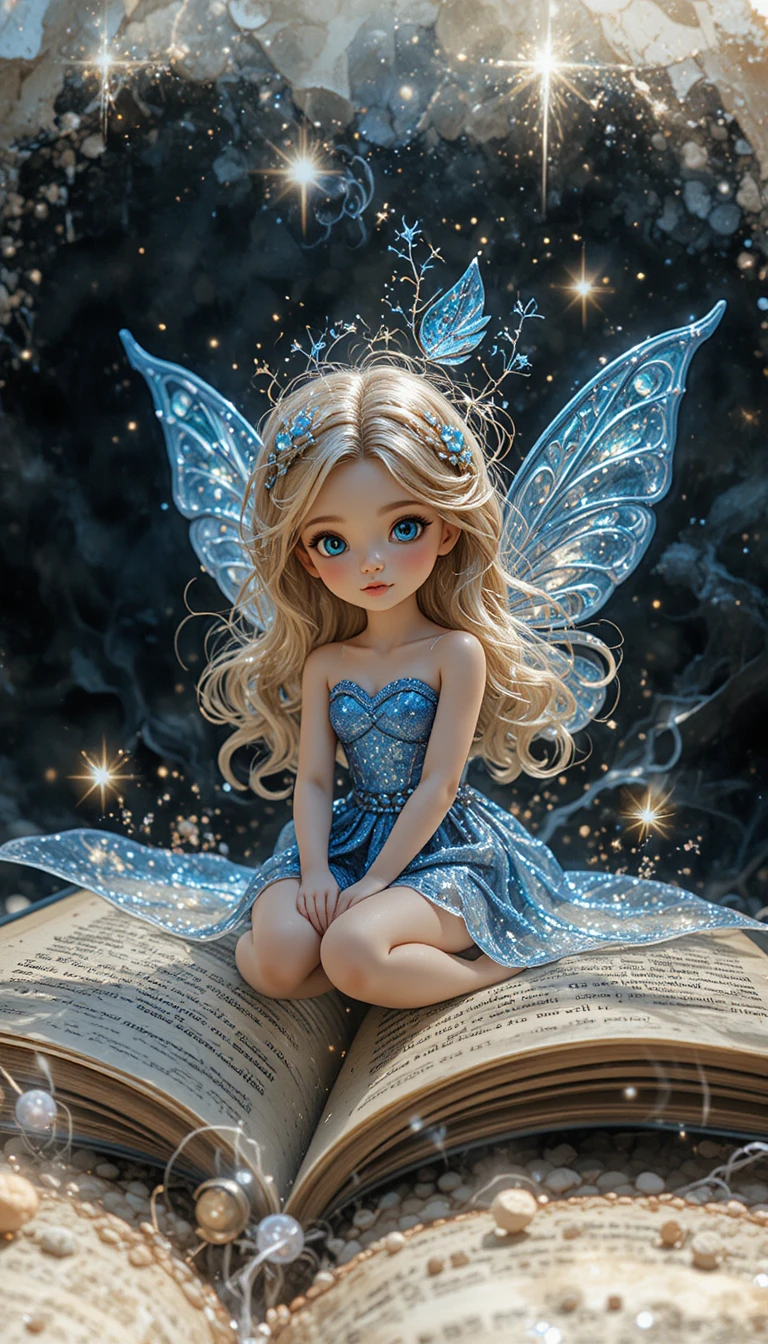 Minuscule fée blonde assise sur un livre magique lumineux