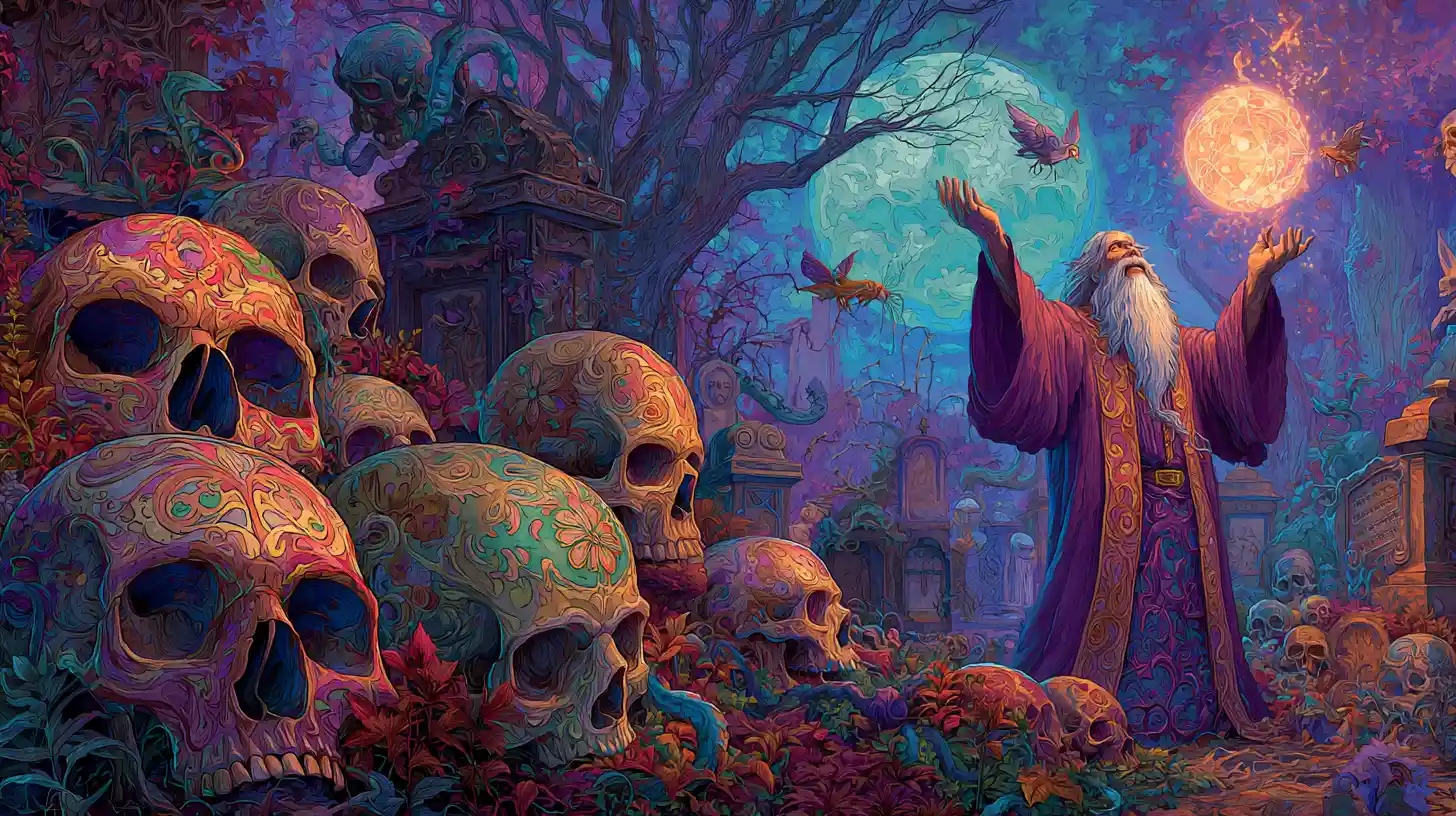Baroque wizard summoning skulls in a moonlit cemetery