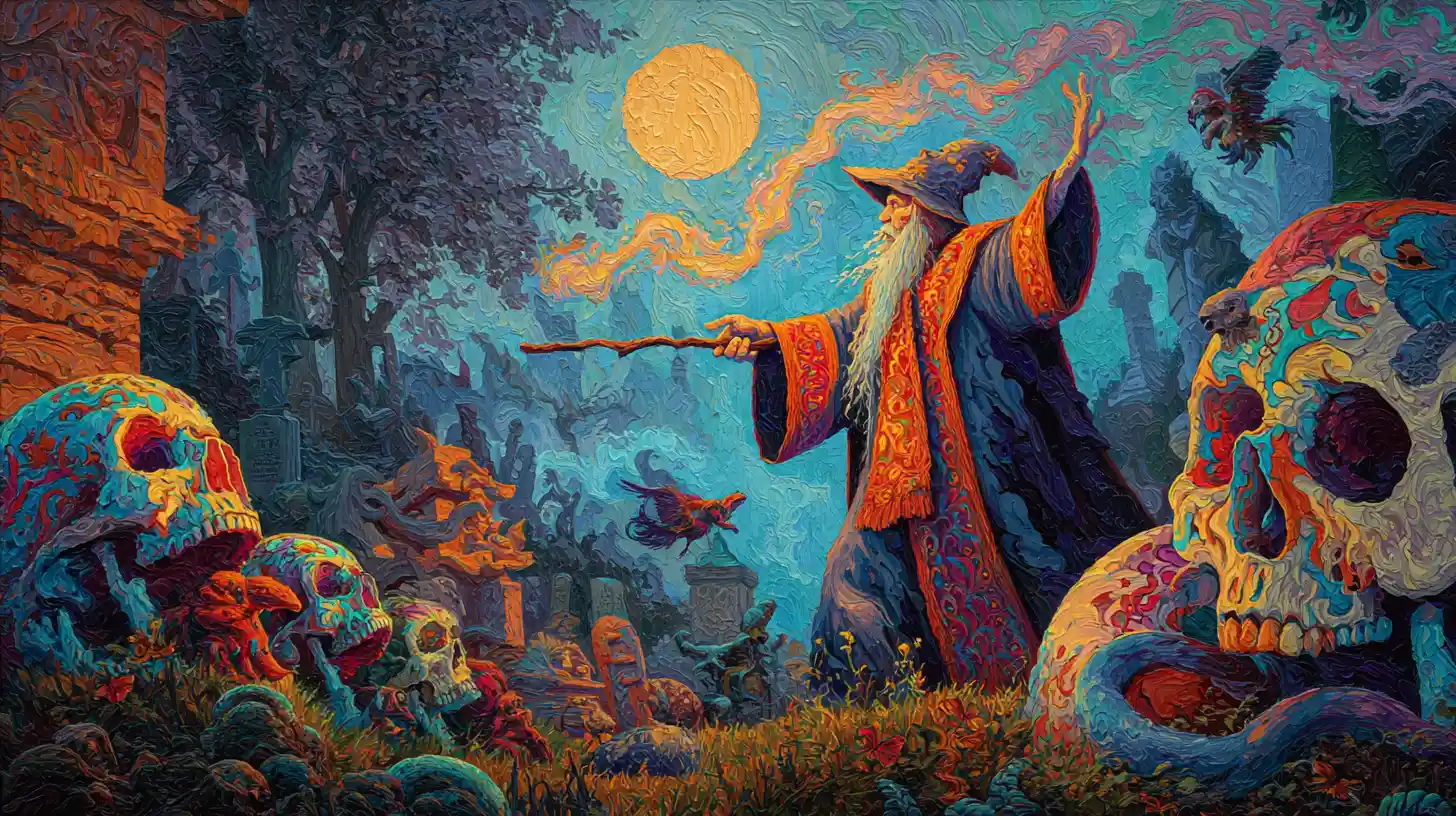 Baroque wizard conjuring skulls in a moonlit cemetery