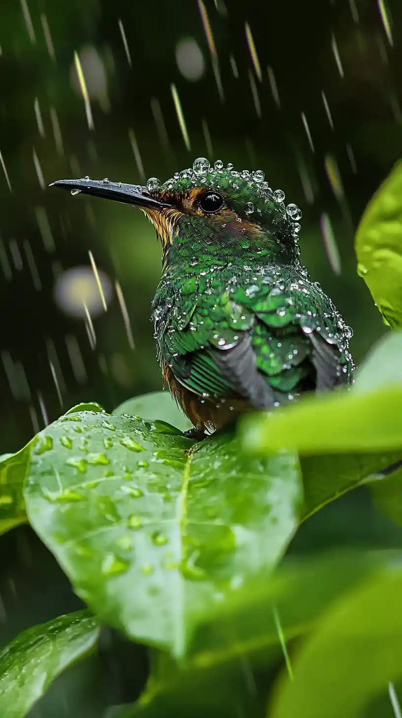 Surreal sketch bird on rainy branch in sunlight