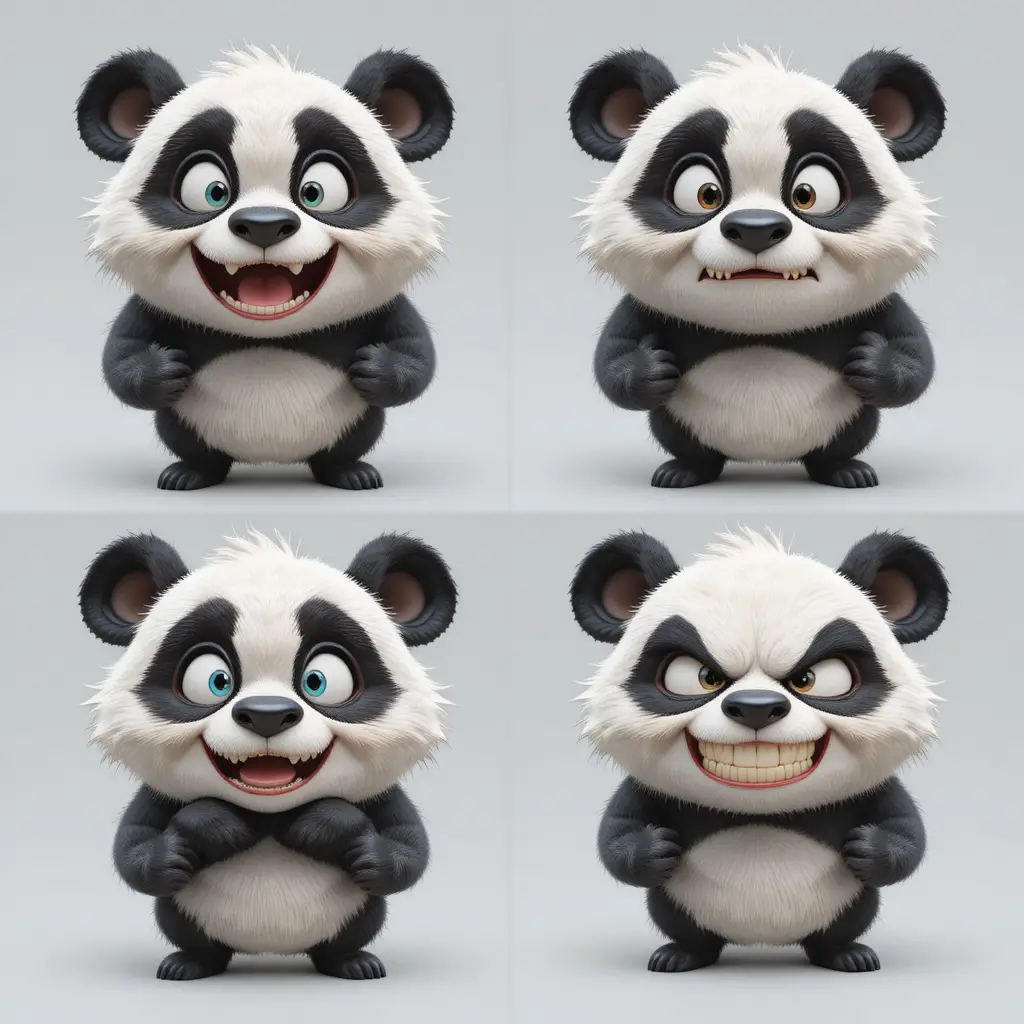Cute 3D cartoon panda showing four expressive emotions