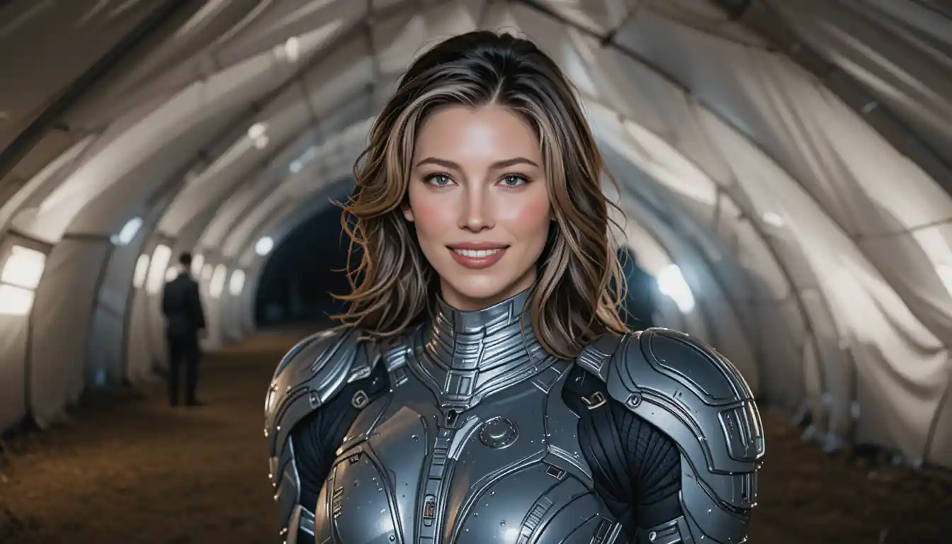 Confident female warrior in futuristic exoskeleton armor
