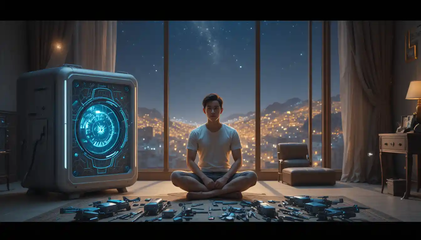 Man meditating in glowing aura inside luxury hotel room