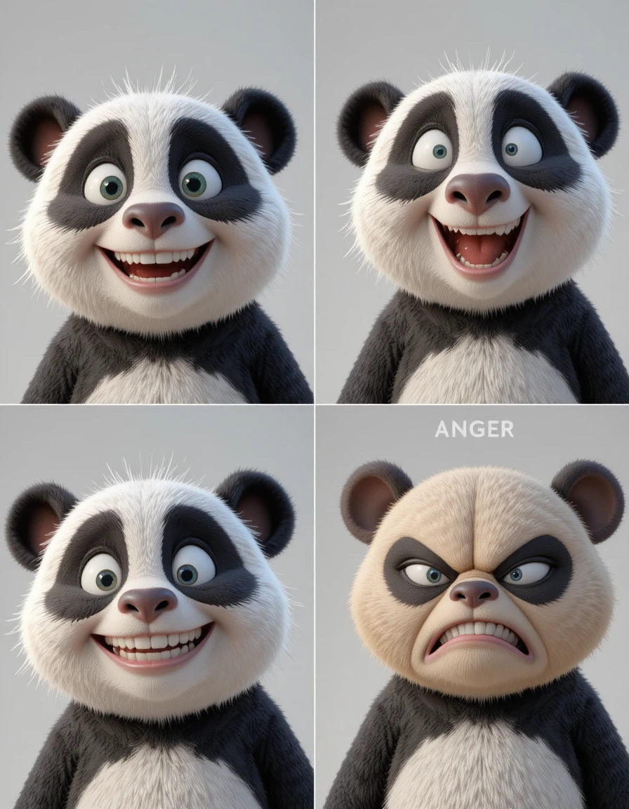 Adorable panda 3D cartoon montrant quatre émotions différentes