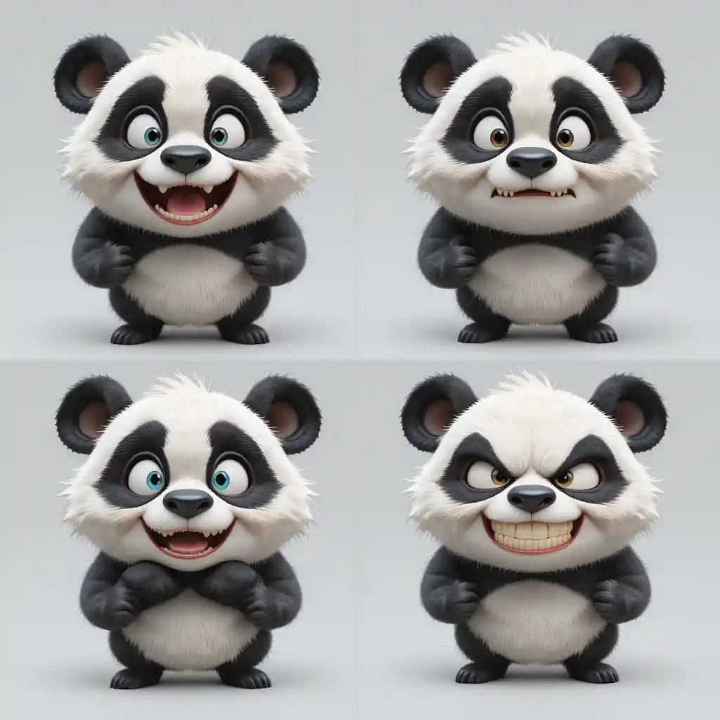 Cute 3D cartoon panda showing four expressive emotions