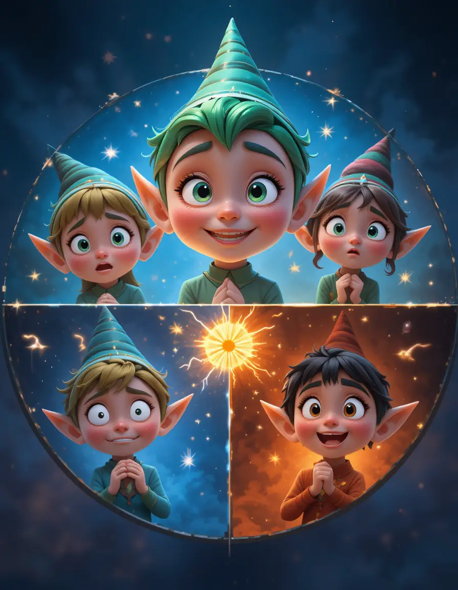 Disney style cartoon elf showing four expressive emotions