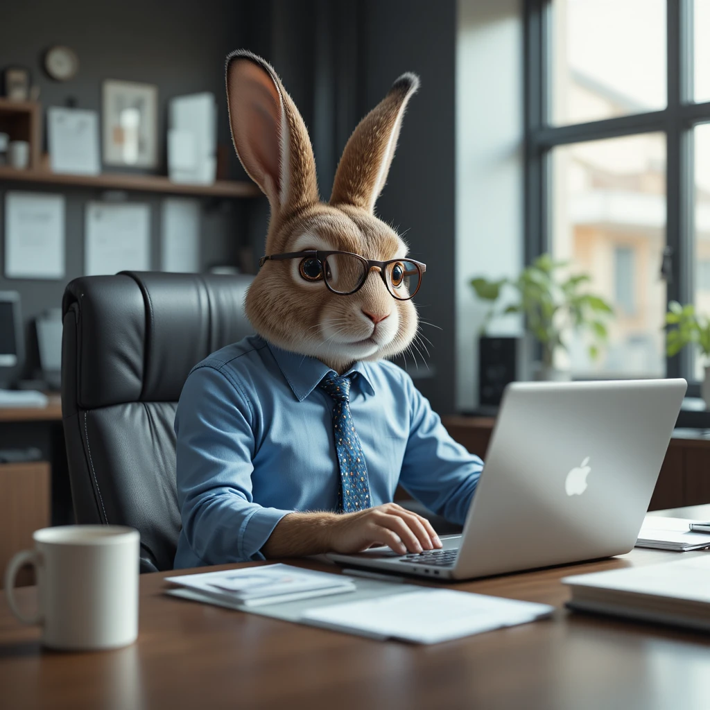 Conejo antropomórfico escribiendo en un portátil en una oficina moderna