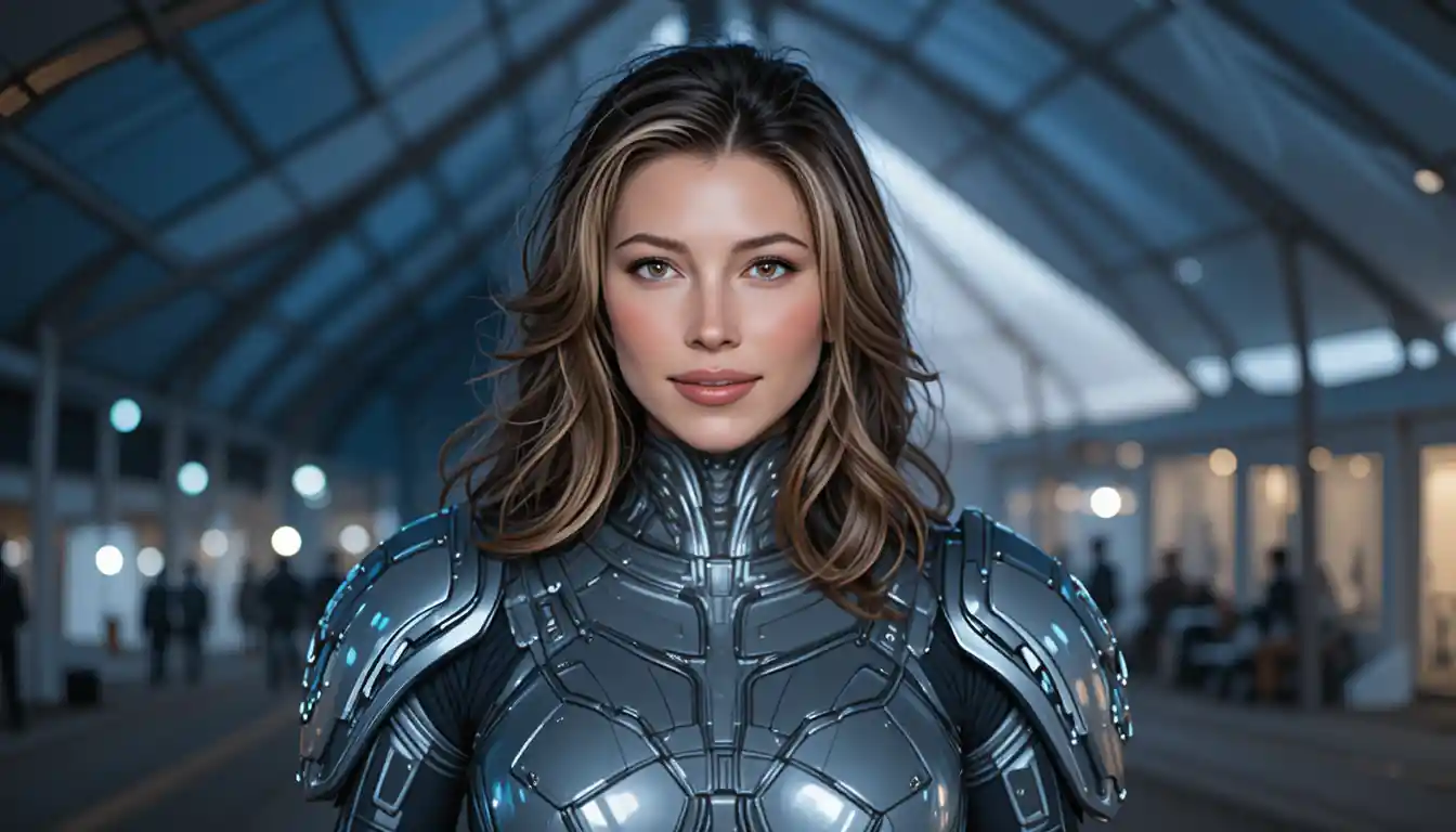 Confident female warrior in futuristic exoskeleton inside tent