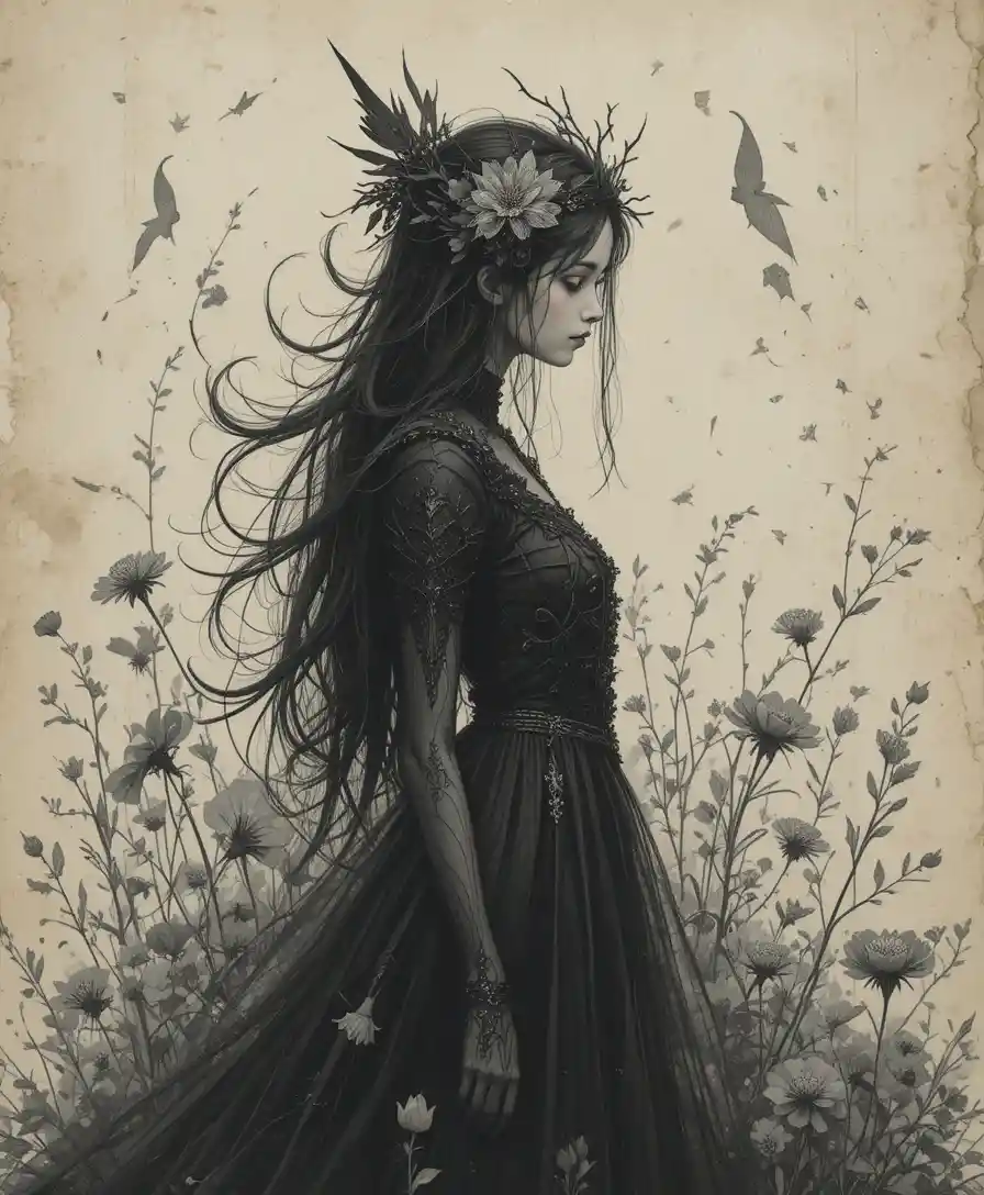 Gothic fairytale illustration on antique paper with soft grays