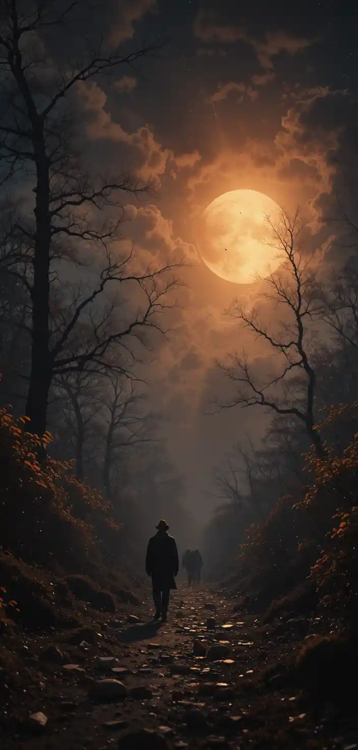 Cinematic wide night scene with dramatic moon backlighting