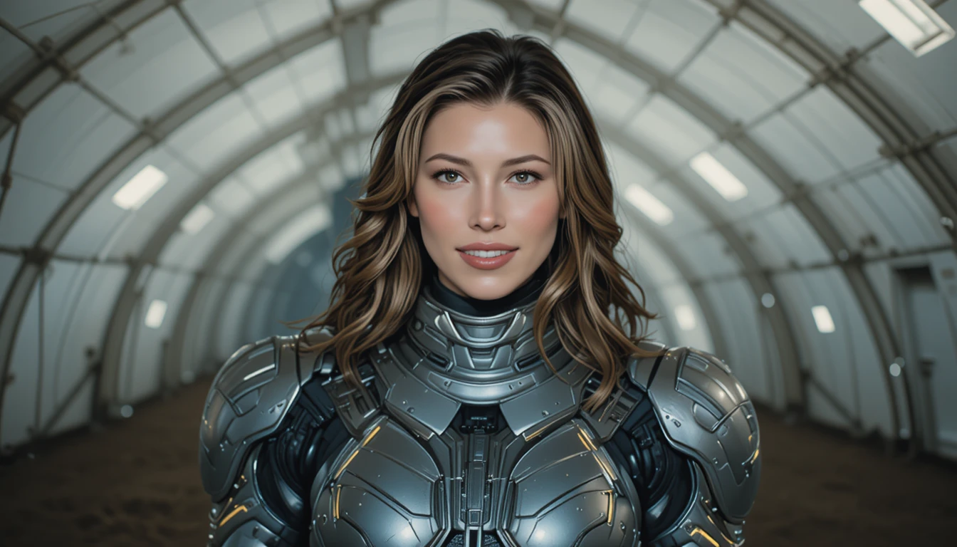 Confident female warrior in a futuristic exoskeleton suit