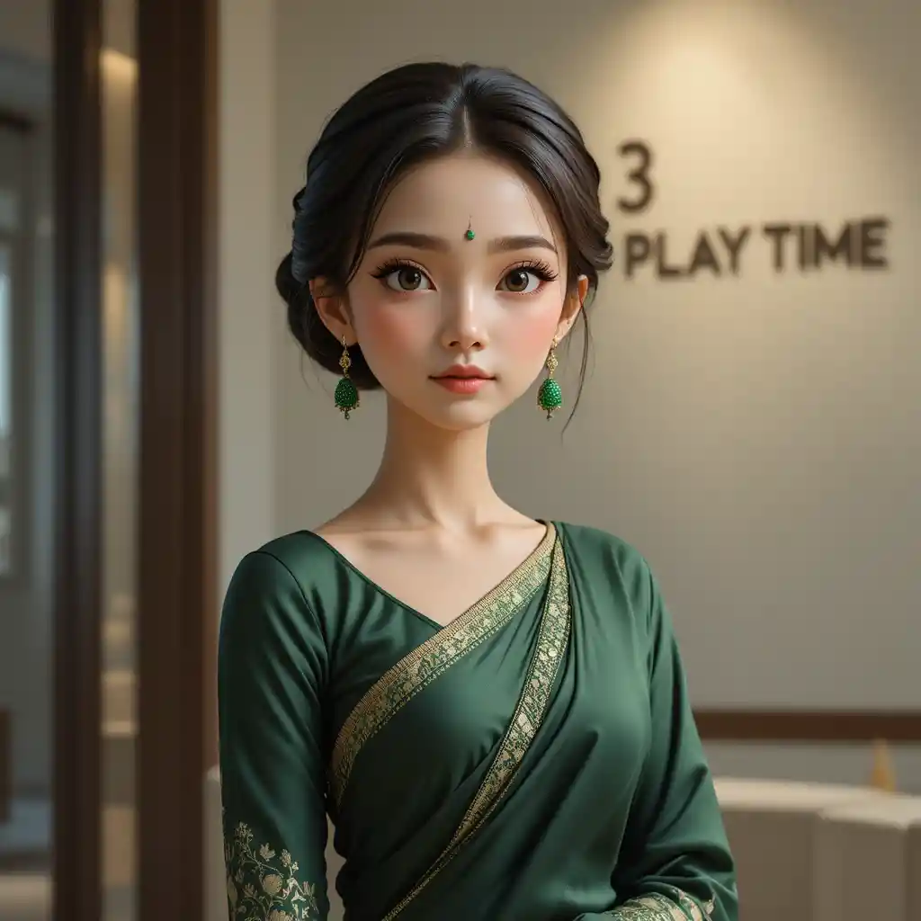 Elegant woman in deep green sari against modern wall