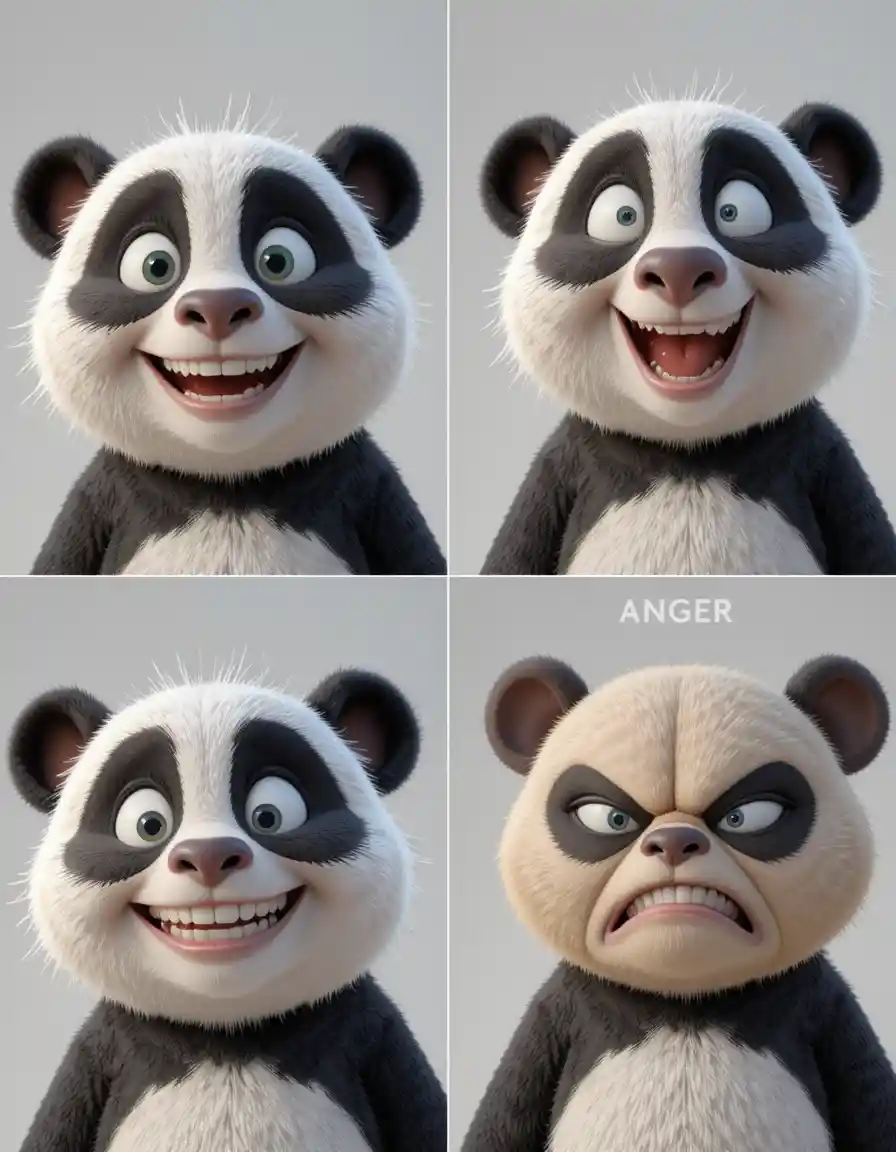 Tierno panda 3D de dibujos animados mostrando cuatro emociones diferentes