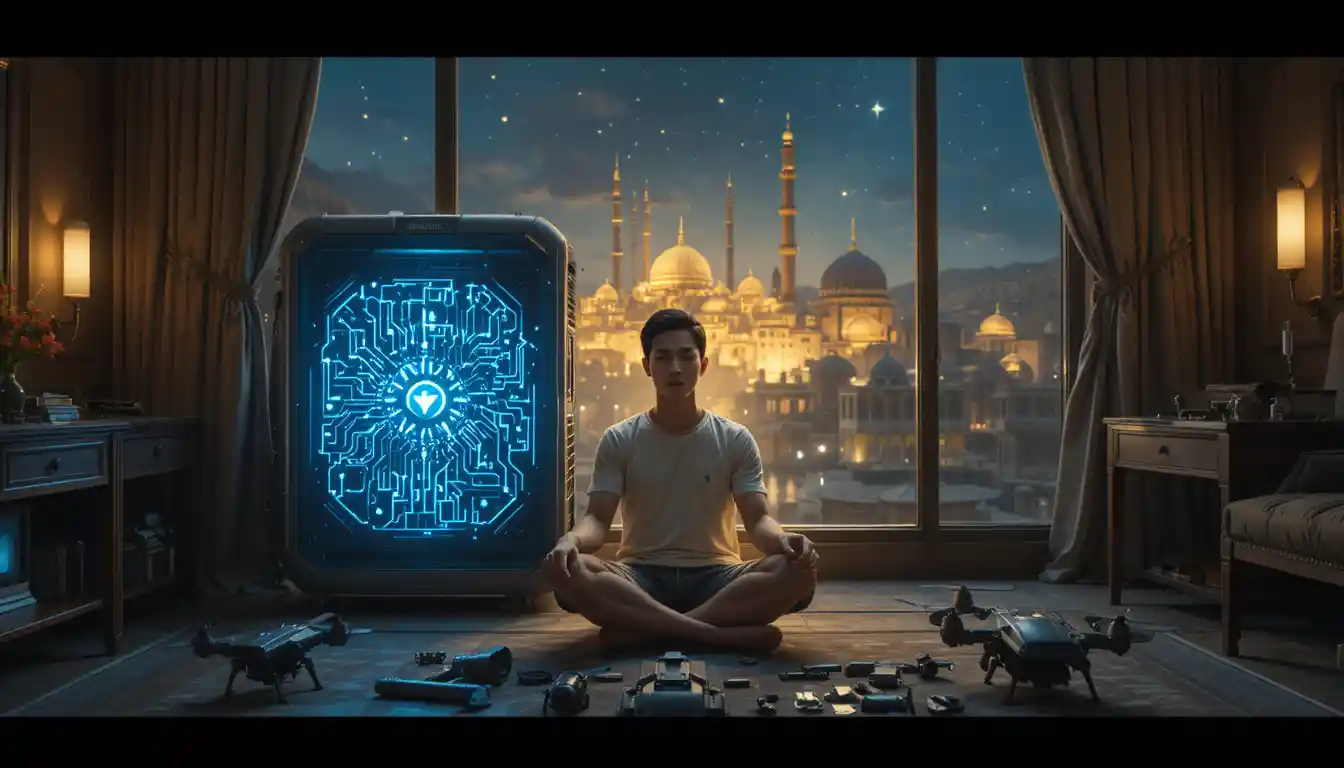 Young man meditating in a glowing hotel room at night