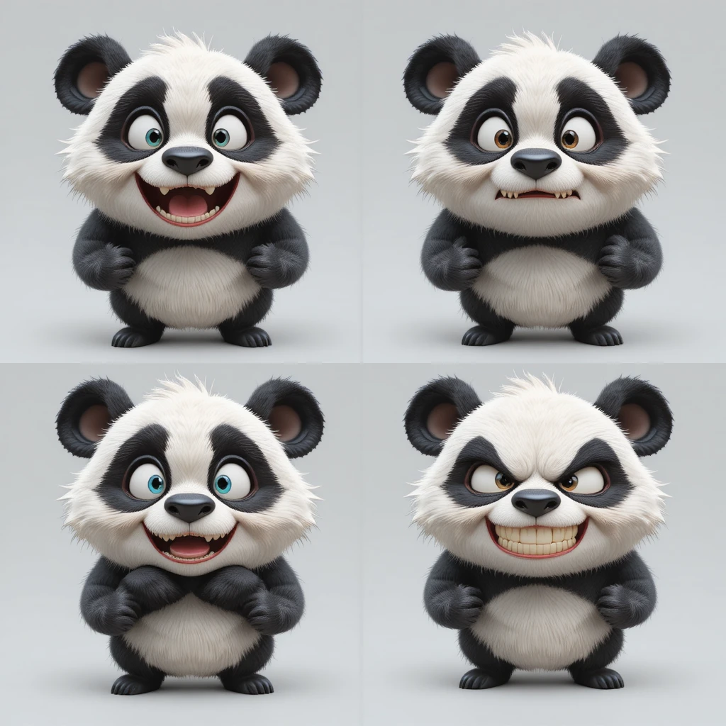 Adorable panda 3D cartoon montrant quatre émotions expressives