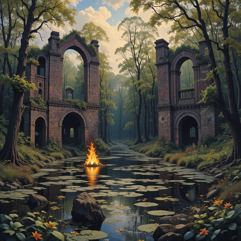 Impressionist ruins by a swamp lake with burning foliage