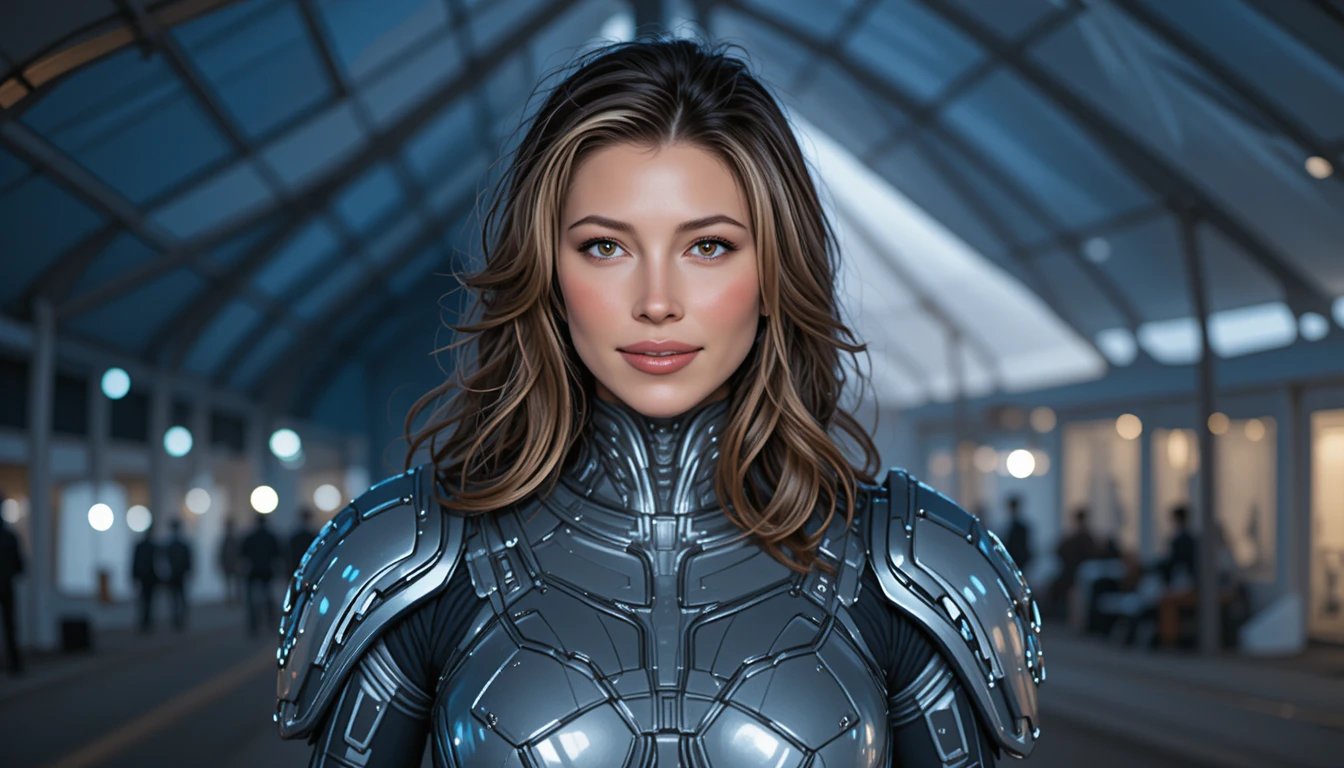 Confident female warrior in futuristic exoskeleton inside tent