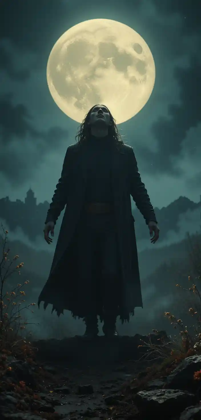 Amplia escena nocturna cinematográfica con dramático contraluz de luna