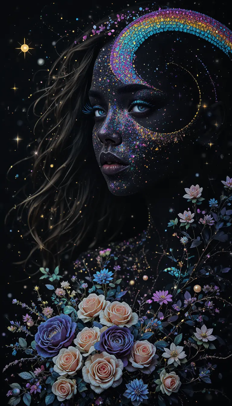 Female silhouette portrait with holographic rainbow glitter glow
