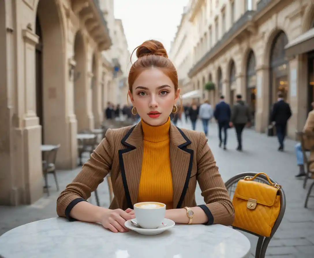 Red haired woman at a marble table in an outdoor cafe