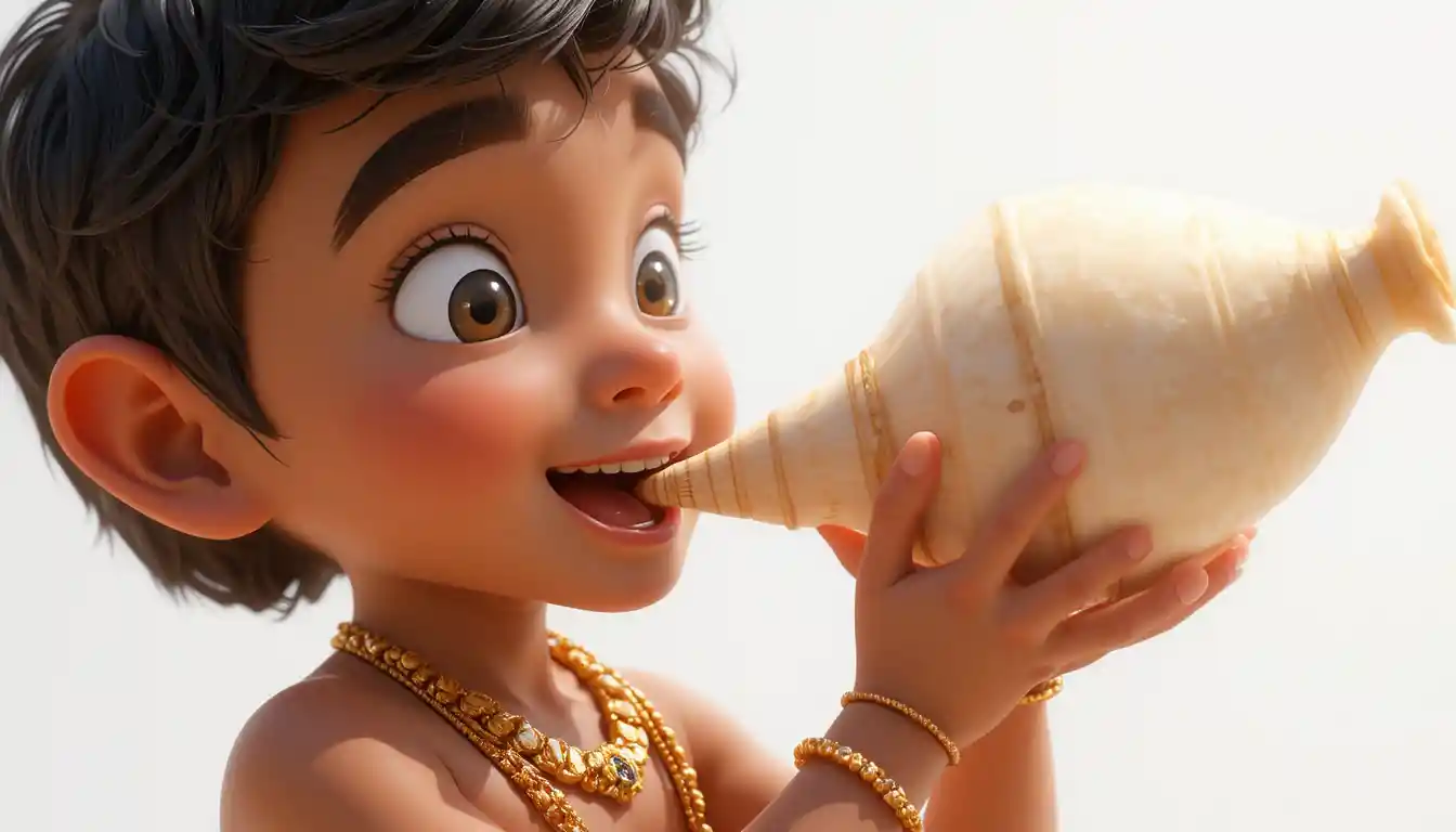 Niño indio alegre soplando una caracola en ilustración 3D
