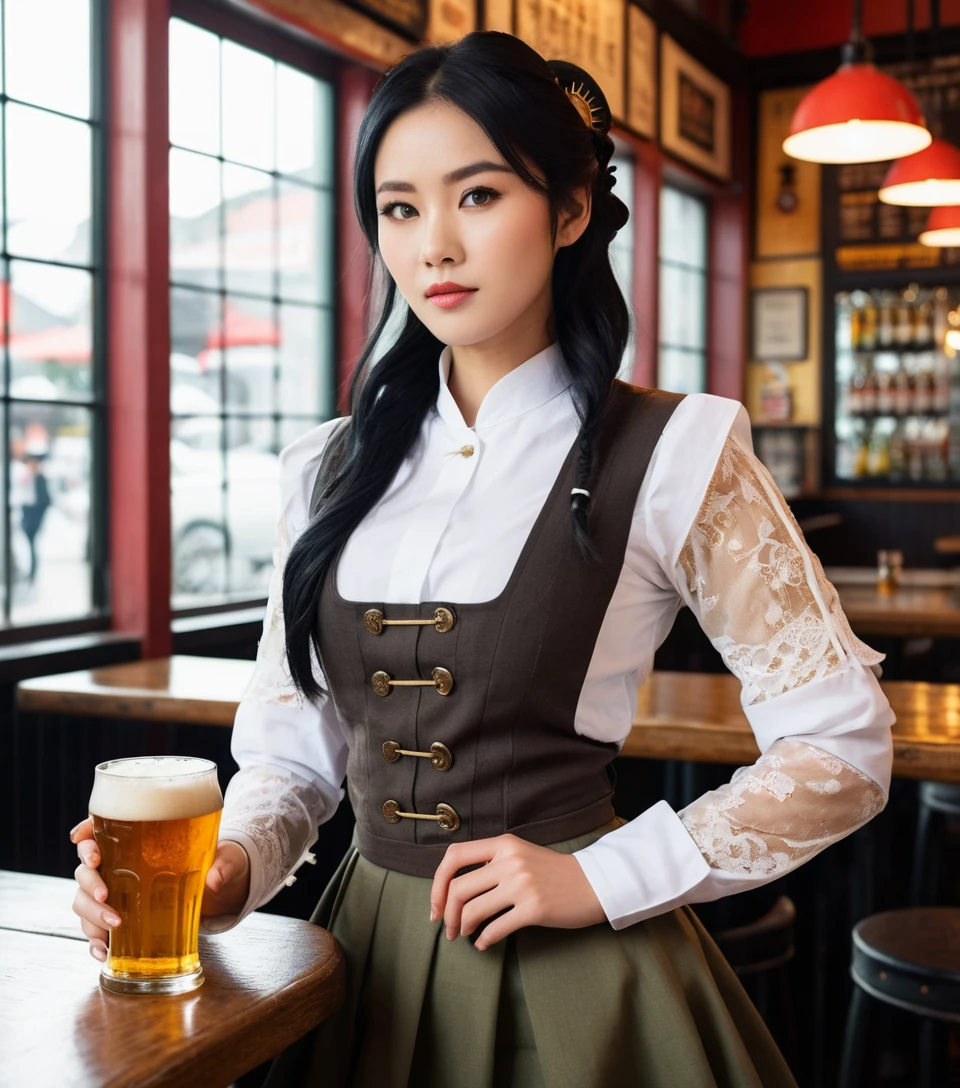 Vietnamese waitress in steampunk dirndl at cozy beer pub