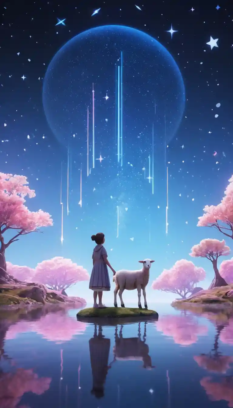 Agnello luminoso su piattaforma di cristallo in un cielo pastello da sogno