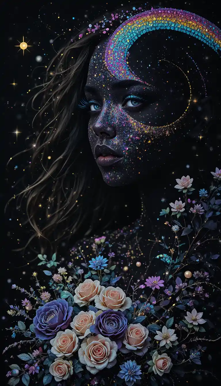 Female silhouette portrait with holographic rainbow glitter glow