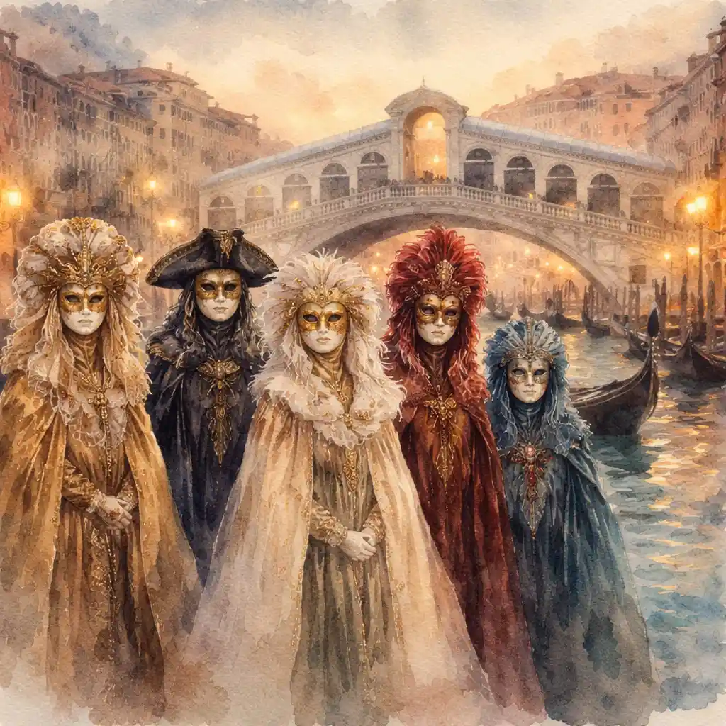 Masked group in long robes near Venice Rialto Bridge