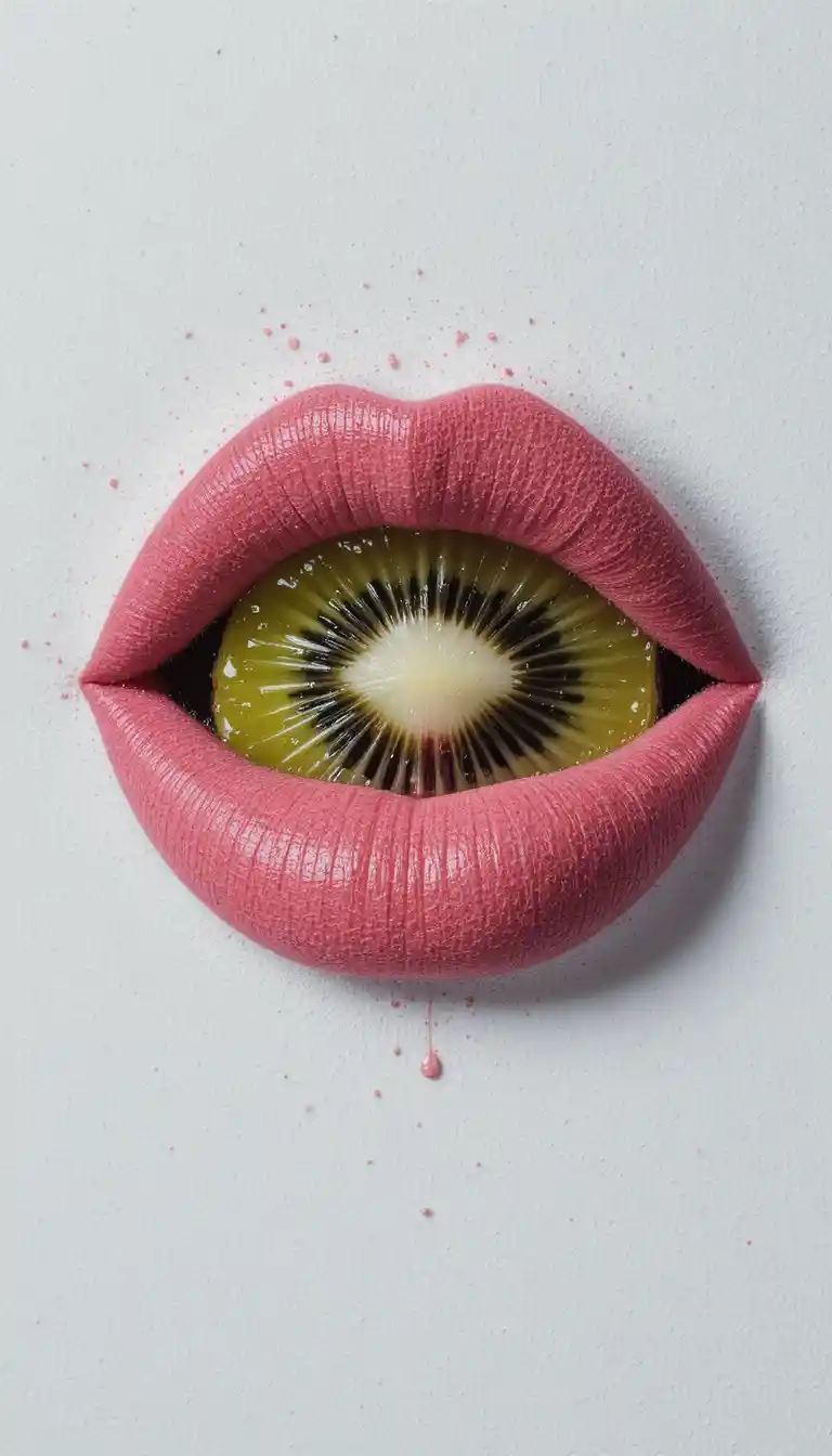 Surreal close up of velvet red lips with kiwi slice