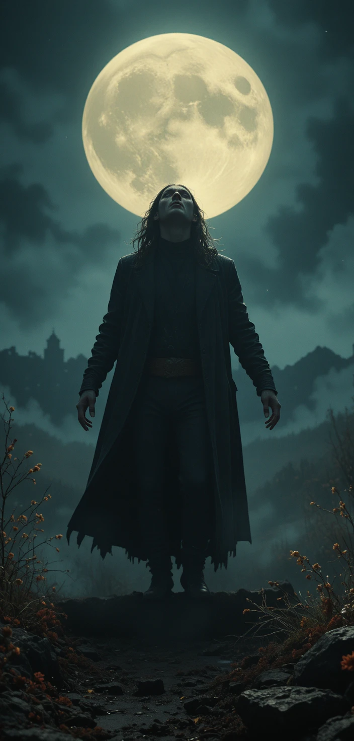 Cena noturna ampla cinematográfica com dramático contraluz de lua