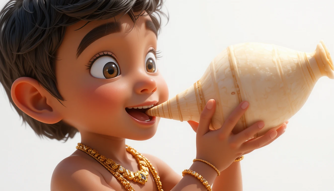Niño indio alegre soplando una caracola en ilustración 3D