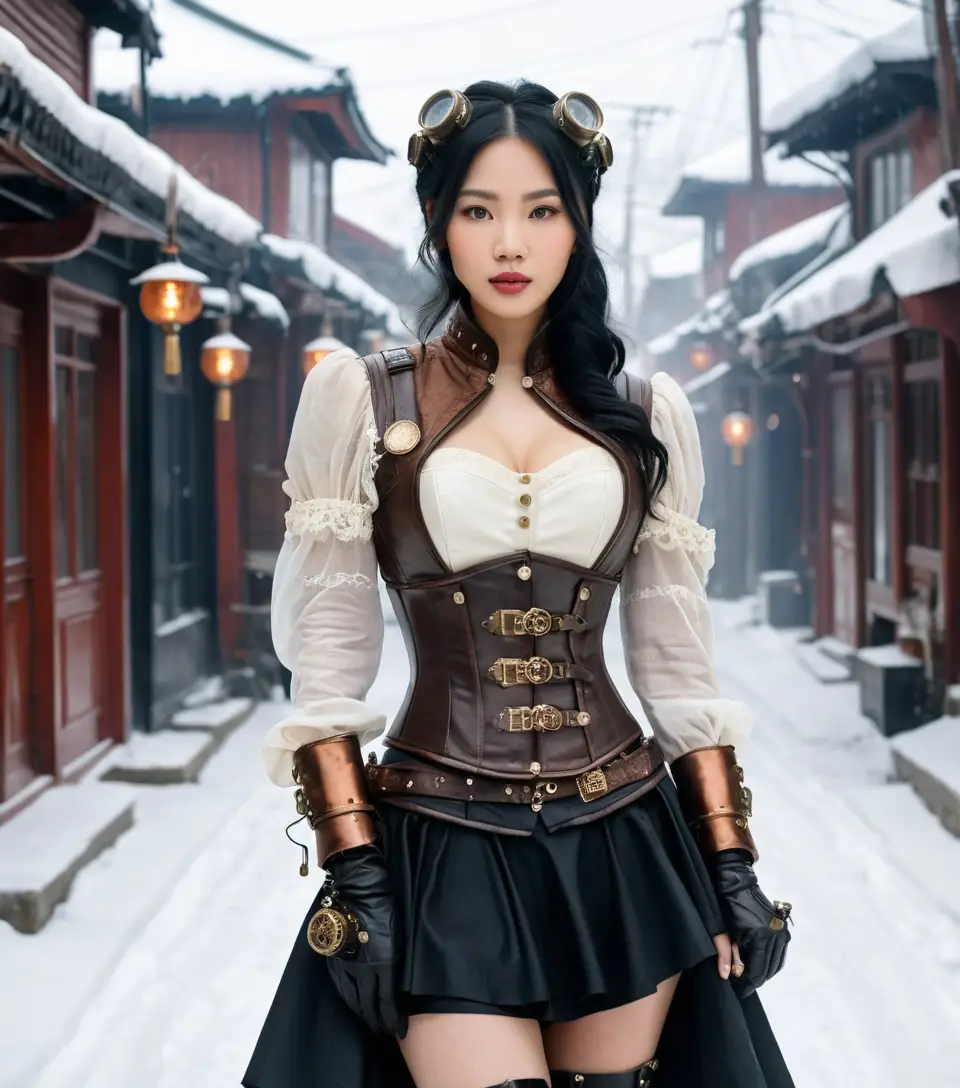Steampunk woman on snowy Vietnamese street in winter