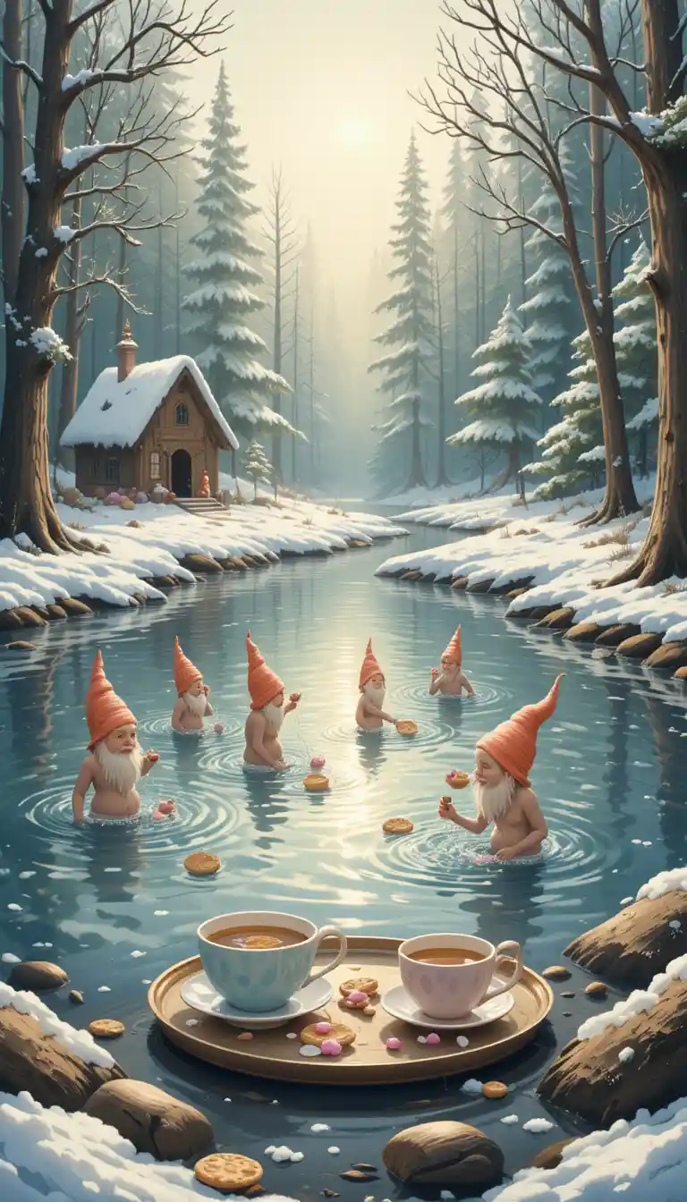 Cozy winter forest lake with bathing gnomes and tea