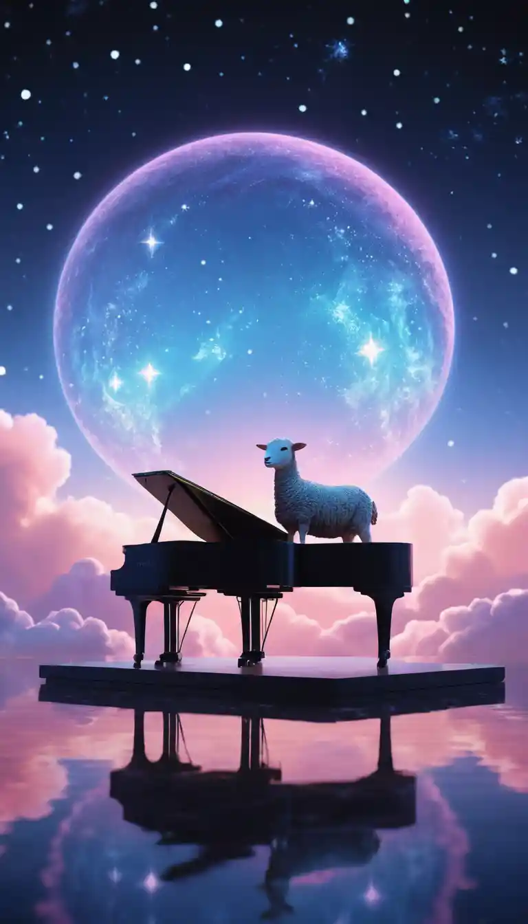 Luminous lamb on a floating crystal platform in pastel sky