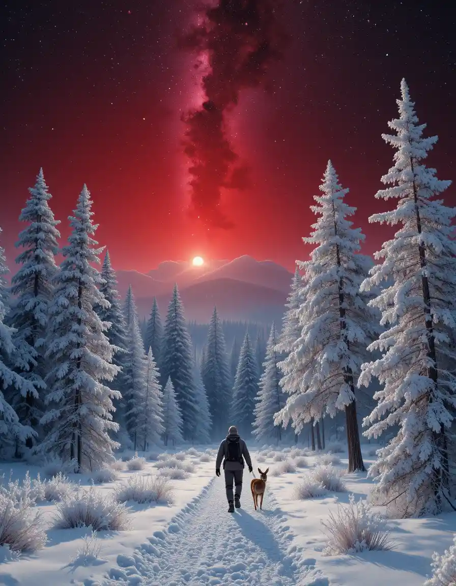 Cacciatore e cane che attraversano una foresta innevata sotto un cielo cremisi