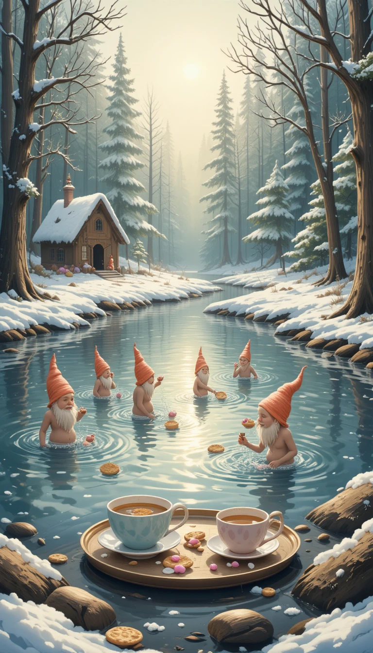 Cozy winter forest lake with bathing gnomes and tea