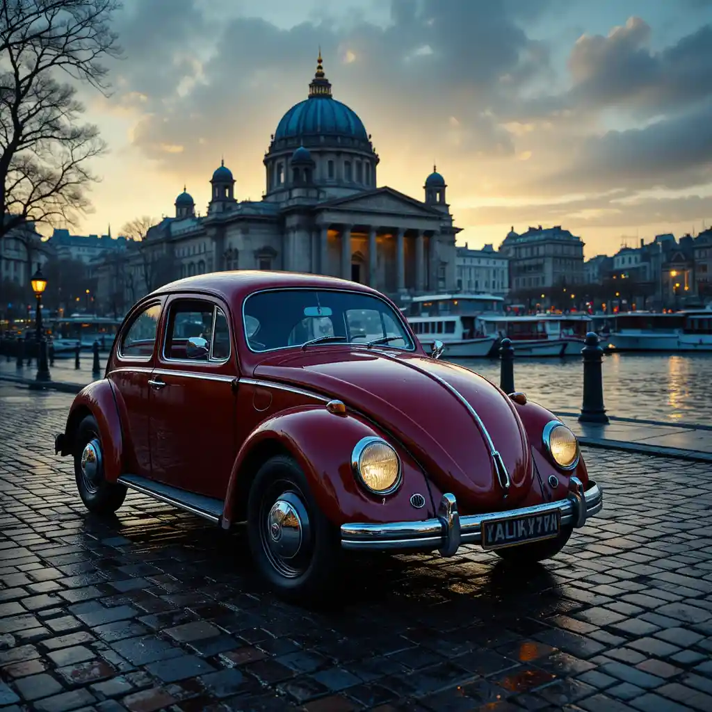 Coche rojo vintage en calle mojada junto al río en Berlín al atardecer