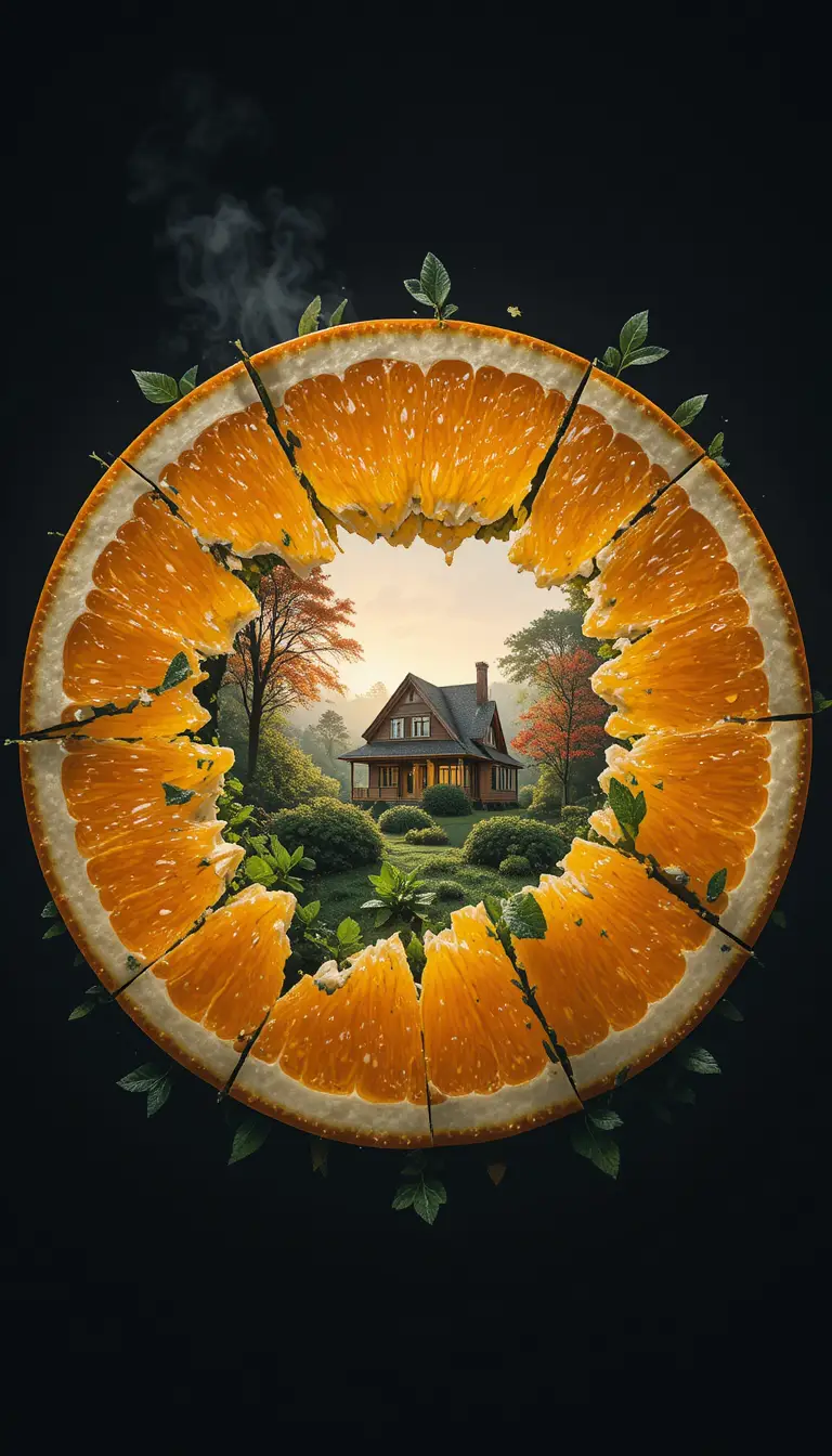 Sliced Orange In Circular Fantasy Composition With Sunrise